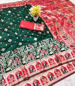Green zari woven baluchari silk traditional saree with blouse piece