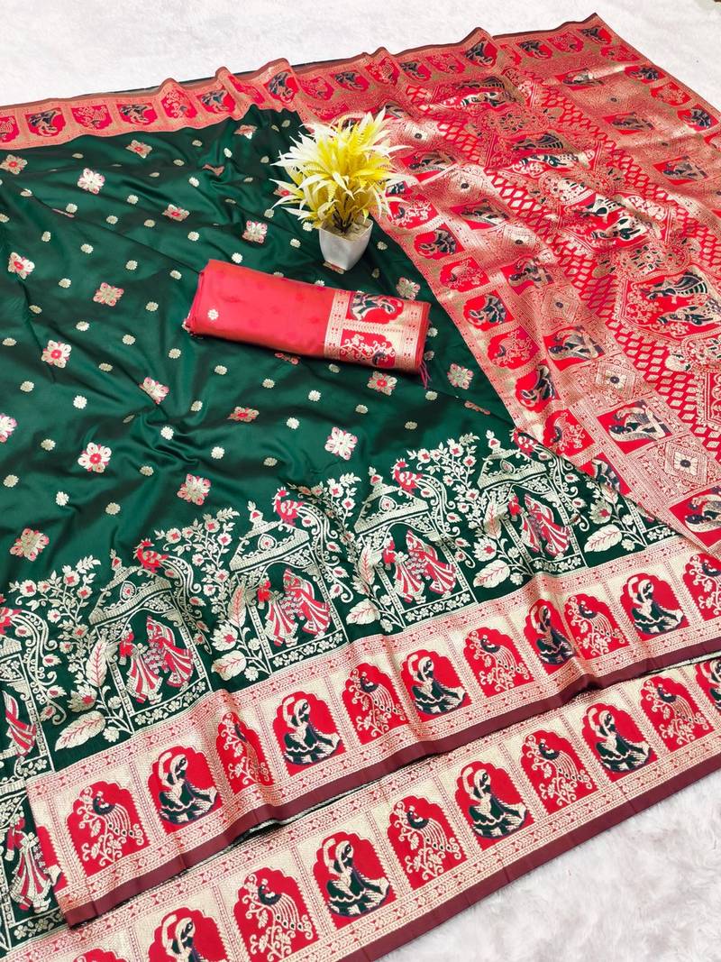 Green zari woven baluchari silk traditional saree with blouse piece