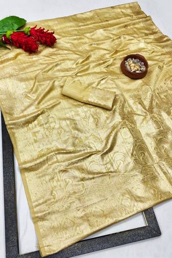 Beige zari woven banarasi satin silk traditional saree with blouse piece
