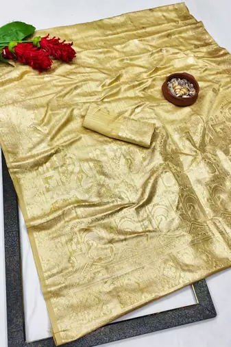 Beige zari woven satin silk traditional saree with blouse piece