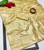 Beige zari woven banarasi satin silk traditional saree with blouse piece