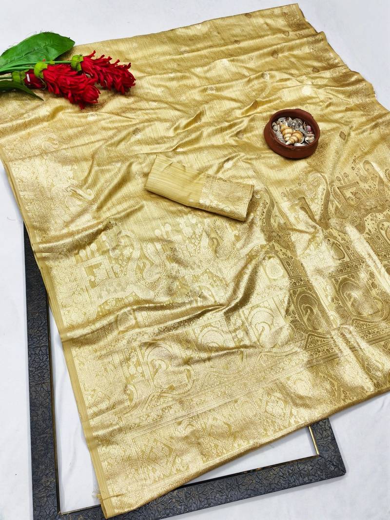 Beige zari woven banarasi satin silk traditional saree with blouse piece