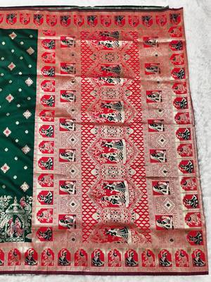 Green zari woven baluchari silk traditional saree with blouse piece 2