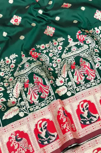 Green zari woven baluchari silk traditional saree with blouse piece