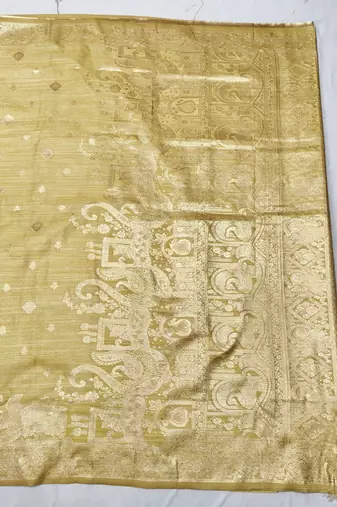 Beige zari woven satin silk traditional saree with blouse piece