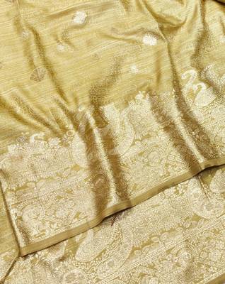 Beige zari woven satin silk traditional saree with blouse piece 3