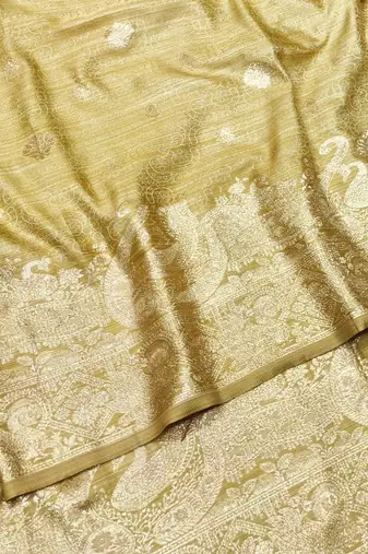 Beige zari woven satin silk traditional saree with blouse piece