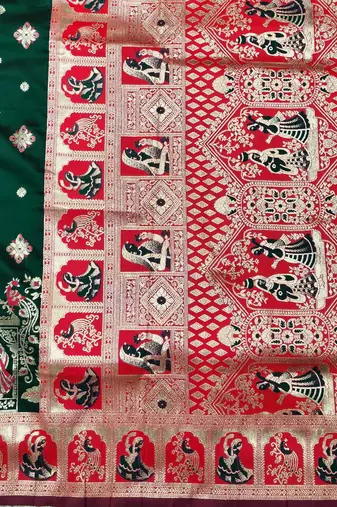 Green zari woven baluchari silk traditional saree with blouse piece