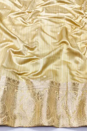 Beige zari woven satin silk traditional saree with blouse piece