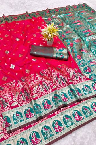 Rani zari woven baluchari silk traditional saree with blouse piece