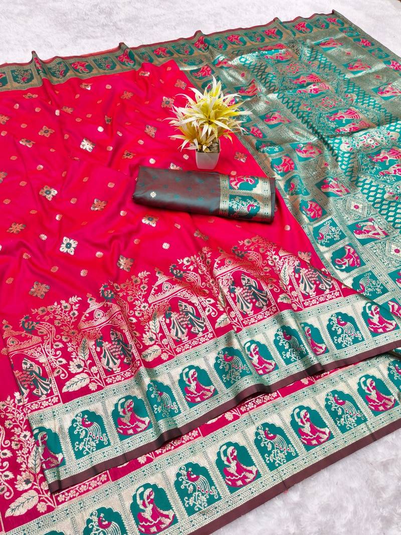 Rani zari woven baluchari silk traditional saree with blouse piece