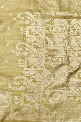 Beige zari woven satin silk traditional saree with blouse piece
