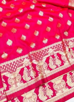 Pink zari woven banarasi silk traditional saree with blouse piece 2