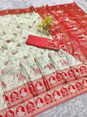 Cream zari woven baluchari silk traditional saree with blouse piece 1