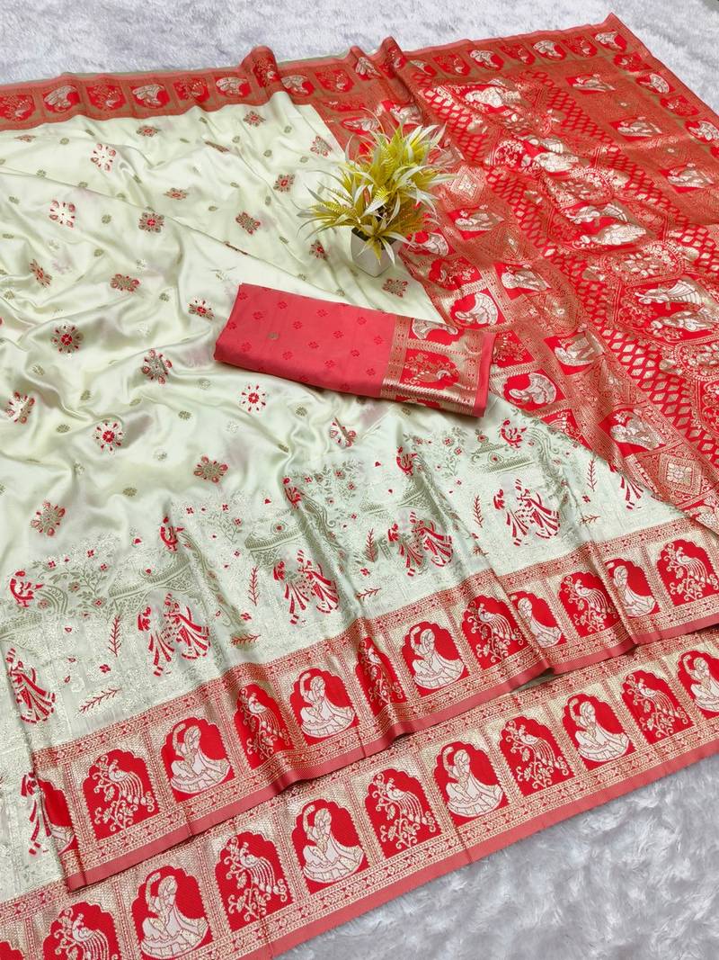 Cream zari woven baluchari silk traditional saree with blouse piece