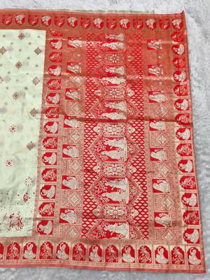 Cream zari woven baluchari silk traditional saree with blouse piece 2