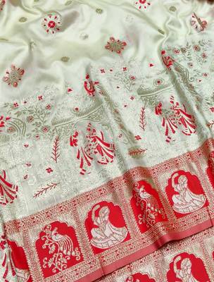 Cream zari woven baluchari silk traditional saree with blouse piece 3