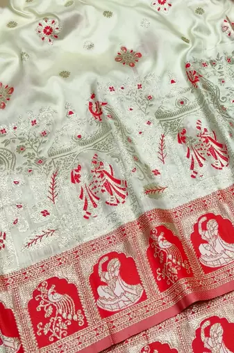 Cream zari woven baluchari silk traditional saree with blouse piece