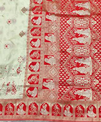Cream zari woven baluchari silk traditional saree with blouse piece 5