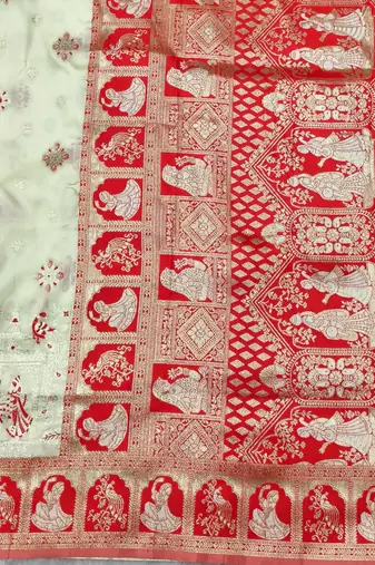 Cream zari woven baluchari silk traditional saree with blouse piece