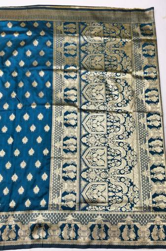 Blue zari woven banarasi silk traditional saree with blouse piece