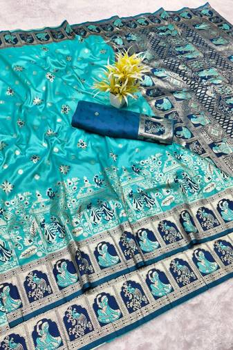 Blue zari woven baluchari silk traditional saree with blouse piece