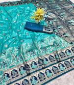 Blue zari woven baluchari silk traditional saree with blouse piece