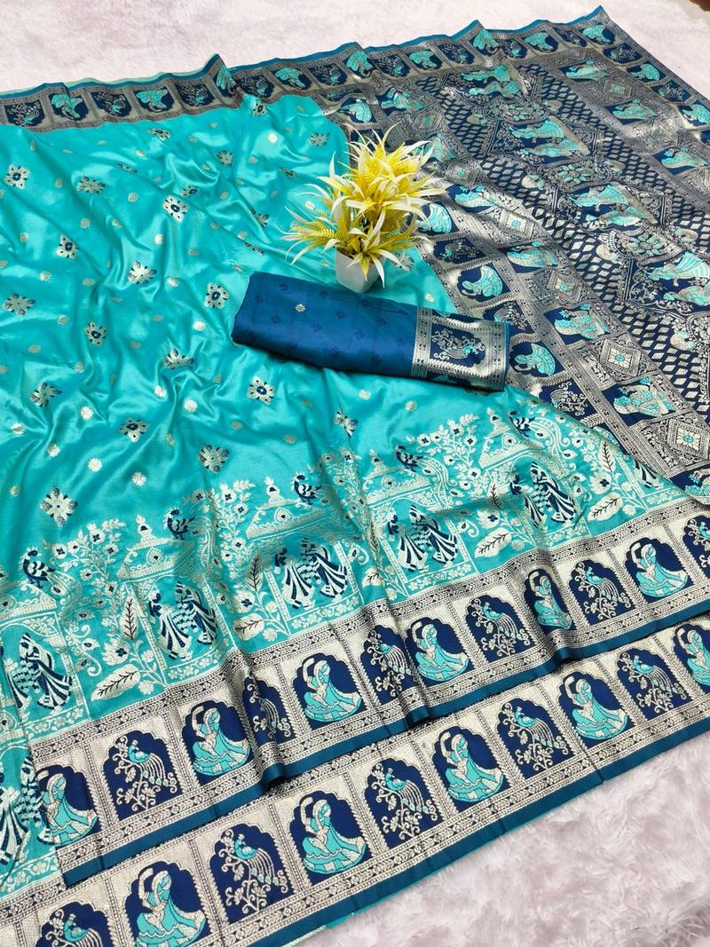 Blue zari woven baluchari silk traditional saree with blouse piece