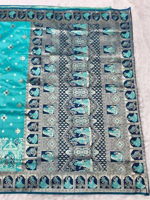 Blue zari woven baluchari silk traditional saree with blouse piece 2