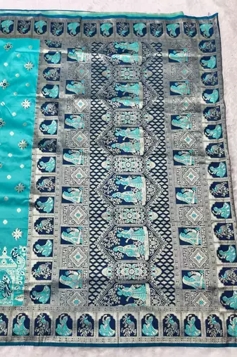 Blue zari woven baluchari silk traditional saree with blouse piece
