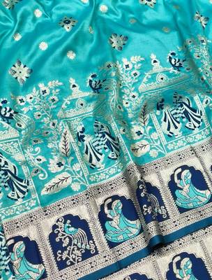 Blue zari woven baluchari silk traditional saree with blouse piece 3