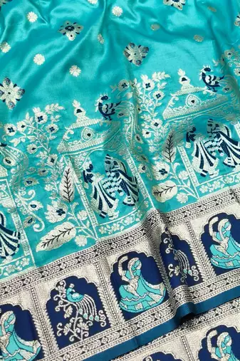 Blue zari woven baluchari silk traditional saree with blouse piece