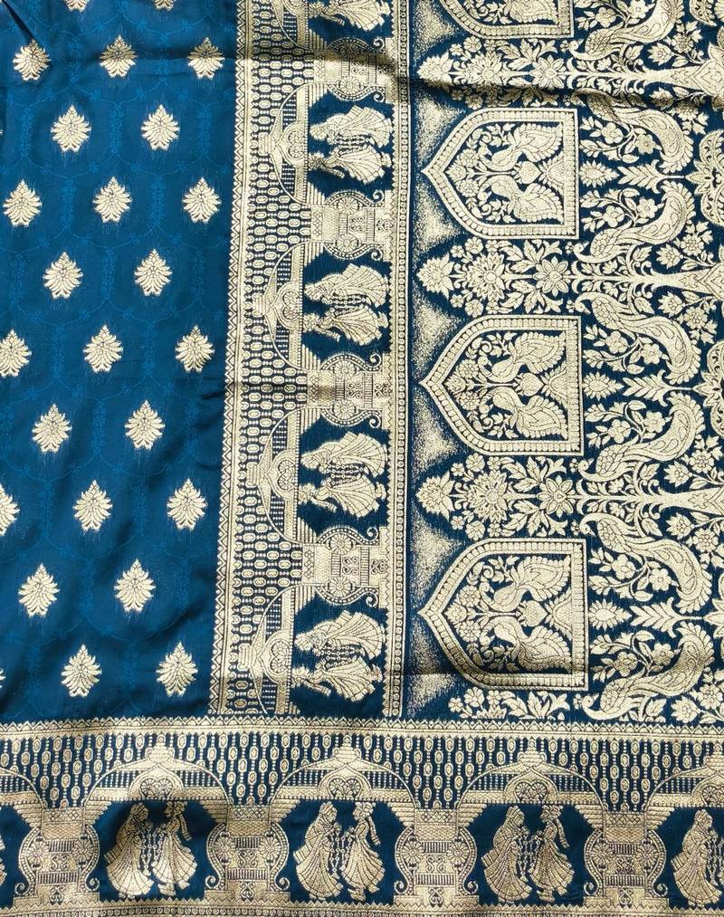 Blue zari woven banarasi silk traditional saree with blouse piece