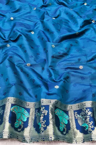 Blue zari woven baluchari silk traditional saree with blouse piece