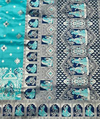 Blue zari woven baluchari silk traditional saree with blouse piece 5