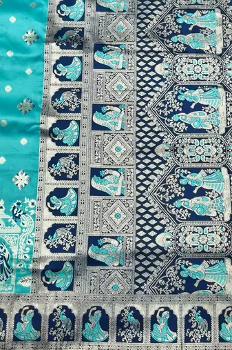 Blue zari woven baluchari silk traditional saree with blouse piece