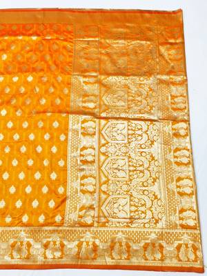 Orange zari woven banarasi silk traditional saree with blouse piece 1