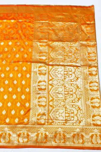 Orange zari woven banarasi silk traditional saree with blouse piece