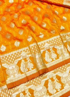 Orange zari woven banarasi silk traditional saree with blouse piece 2
