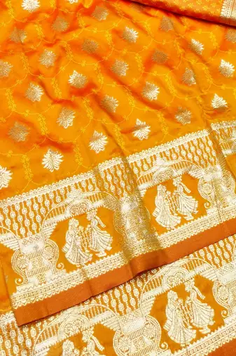 Orange zari woven banarasi silk traditional saree with blouse piece