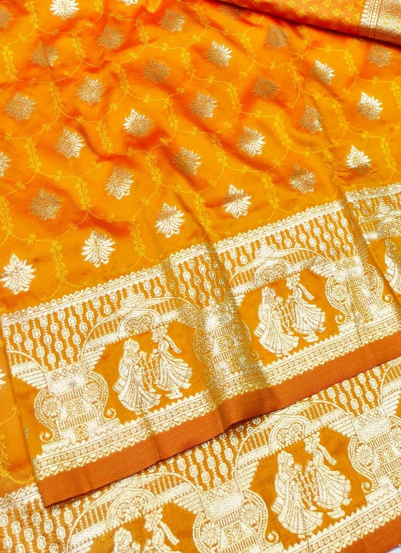 Orange zari woven banarasi silk traditional saree with blouse piece