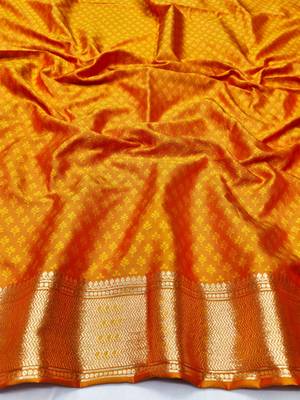 Orange zari woven banarasi silk traditional saree with blouse piece 3