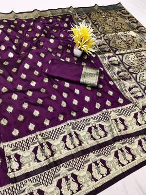 Wine zari woven silk traditional saree with blouse piece 1