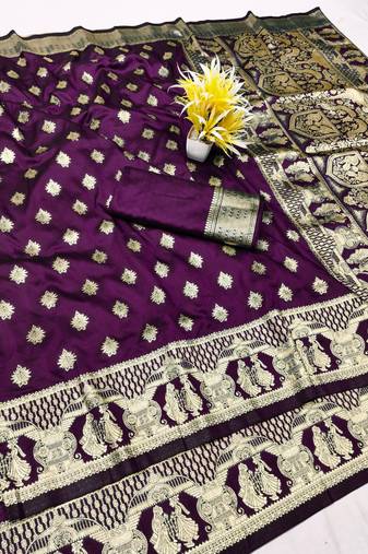 Wine zari woven silk traditional saree with blouse piece