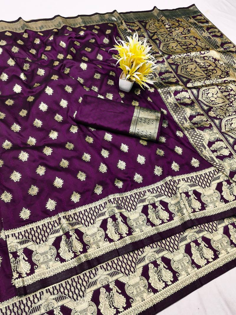 Wine zari woven banarasi silk traditional saree with blouse piece