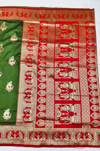 Green zari woven baluchari silk traditional saree with blouse piece