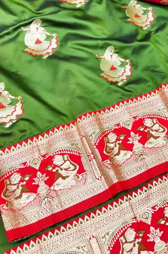 Green zari woven baluchari silk traditional saree with blouse piece