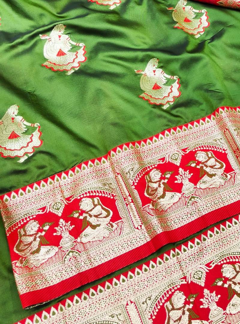 Green zari woven baluchari silk traditional saree with blouse piece