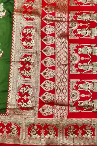 Green zari woven baluchari silk traditional saree with blouse piece