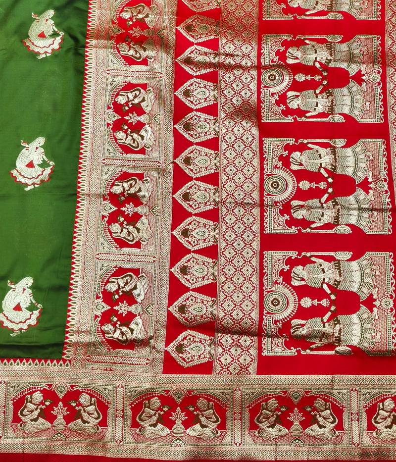 Green zari woven baluchari silk traditional saree with blouse piece